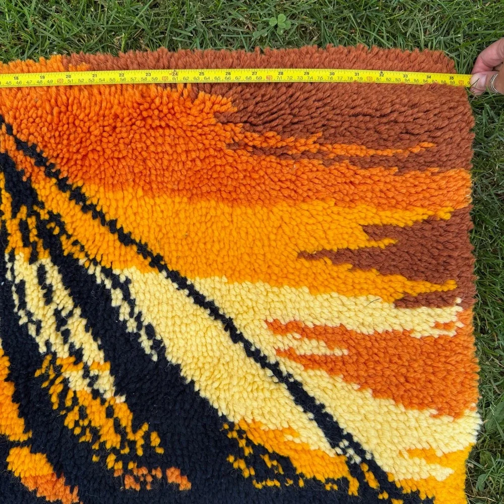 Vintage Latch Hook‎ Rug 35x24 Orange Sailboat Sunset Retro 70s Wall Hanging